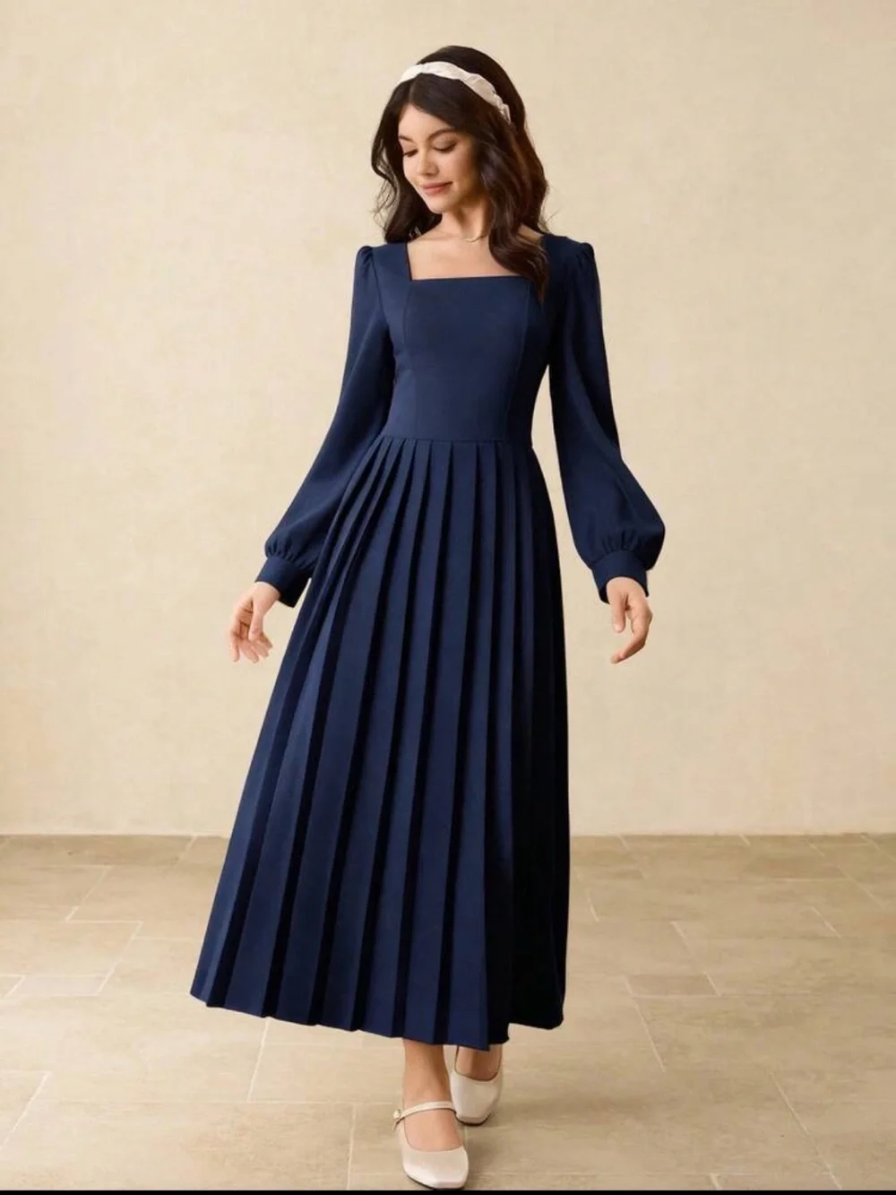 Navy Blue Long Sleeve Pleated Midi Dress Girls Size 14